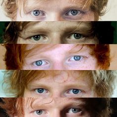 three different pictures of the same person with blue eyes and red hair, one is looking directly into the camera