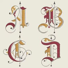 three different types of embroidery designs with letters and numbers on the front, back and side