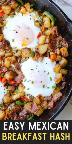 This Mexican Breakfast Hash is loaded with seasoned, crisp potatoes, peppers, onions, bacon and eggs! This is the perfect one pan breakfast recipe! Breakfast Tacos With Potatoes, Loaded Breakfast Hash, Carne Asada Breakfast, Mexican Breakfast Potatoes Recipes, Mexican Style Breakfast, Mexican Breakfast Potatoes, Healthy Mexican Breakfast Recipes, Mexican Hashbrowns, Mexican Breakfast Recipes Authentic