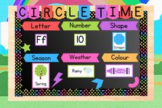 a sign that says circle time and has different things on it, including numbers, shapes, and colors