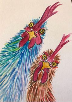 two colorful roosters standing next to each other on a white paper sheet with watercolor pencils