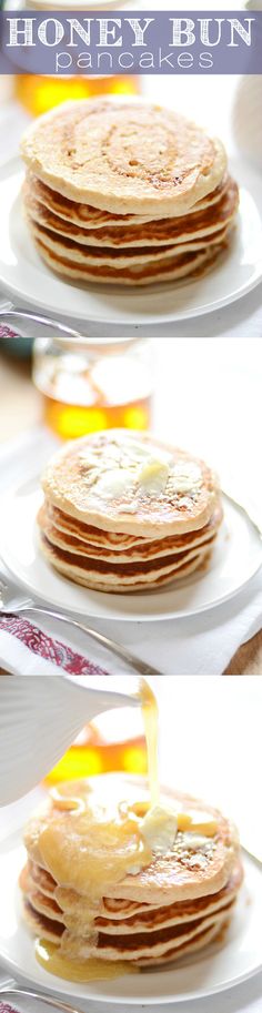 pancakes with honey syrup being poured on them and then topped with butter for the first time