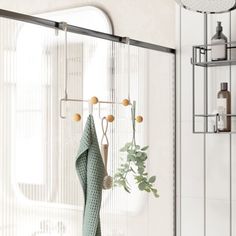 a towel hanging on a rack in front of a shower door with a potted plant next to it