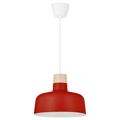 a red and white pendant light hanging from a ceiling fixture with a wooden base on an isolated white background