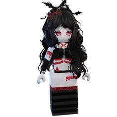 a doll with long black hair and red eyes