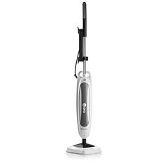 a white and black steam mop on a white surface