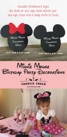 the minnie mouse birthday party decorations are ready to be put on your child's head