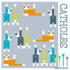 an image of cats and wine bottles in the middle of a cross stitch quilt pattern