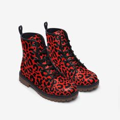 Our Bright Red Leopard Print Vegan Leather Boots aren't just gorgeous but they're also extremely comfortable, making them perfect for everyday wear! They're handcrafted from high quality supple vegan leather with care. Each part is individually printed, cut and sewn to ensure a flawless design with no imperfections. The soles offer high levels of grip, while having anti static and oil resistant properties. Water, dirt and debris are prevented from entering thanks to the sewn in tongue and the to Army Combat Boots, Red Leopard Print, Lightweight Boots, Vegan Leather Boots, Red Leopard, Ankle Support, Danner Mountain Light Boot, Waterproof Boots, High Level