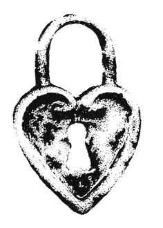 a black and white drawing of a heart shaped padlock with a dog's face on it