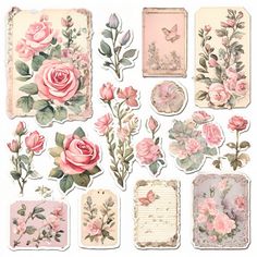 pink roses and butterflies are arranged on old paper