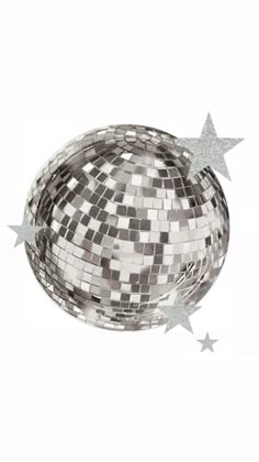 a mirror ball with silver stars on it and some glitters in the bottom half