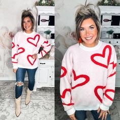 Complete My Heart Sweater Cozy Crew Neck Top With Heart Print, Trendy Knit Tops With Heart Print, Cute Fall Tops With Heart Graphic, Cute Heart Graphic Tops For Fall, Cozy Crew Neck Sweater With Heart Print, Knit Long Sleeve Tops With Heart Print, Cozy Heart-shaped Sweater, Cute Winter Sweater With Heart Print, Cute Heart Print Crew Neck Sweater