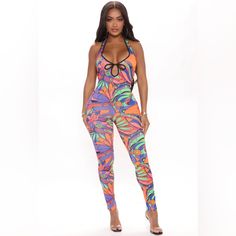 Brand New Fashion Nova Colorful Jumpsuit Casual Multicolor Printed Bodysuit, Casual Printed Multicolor Bodysuit, Casual Multicolor Print Jumpsuits And Rompers For Vacation, Trendy Multicolor Printed Bodysuit, Casual Multicolor Bodysuit For Summer, Casual Multicolor Bodysuit For Spring, Casual Multicolor Jumpsuits And Rompers For Beach Season, Multicolor Overalls Jumpsuit For Vacation, Casual Multicolor Bodysuit For Beach Season