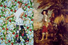 two paintings of men in different outfits and flowers on the wall, one with a cane