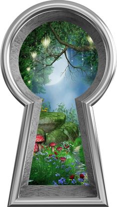 an open keyhole with the image of a forest and mushrooms in it is shown