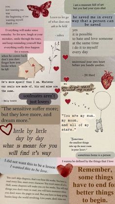 an open book with many different types of paper and words on the pages, including hearts