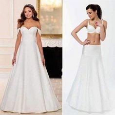 two pictures of the same woman in wedding dresses, one is showing off her bra