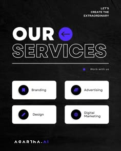 the website for our services is displayed on a black background with white and blue lettering