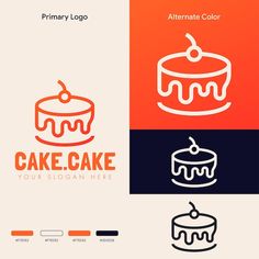 the logo for a cake company is shown in three different colors and font options,