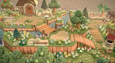 an animated garden with lots of trees and flowers on the ground, along with water