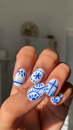 Tie your holiday destination in with your mani this summer. #affiliates Talavera Nail Art French Tip, Coastal Grandma Nails, Coastal Grandmother Nails, Blue Nails Ideas Short, Coastal Nails Designs, Coastal Cowgirl Nails, Hispanic Nails Designs, Blue Pattern Nails, Earth Day Nails