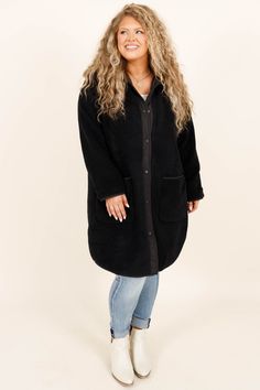 Stay warm and look stylish with this adorable coat in classic black! Its soft construction offers both comfort and coziness, while its pockets and button-up style provide function as well as style! The perfect length and color make this coat the ideal addition to any wardrobe! Self- 100% PolyesterLining- 100% Nylon Oversized Black Fleece Jacket For Fall, Black Button-up Winter Outerwear, Black Outerwear With Buttoned Pockets For Everyday, Black Outerwear With Buttoned Pockets, Everyday Black Outerwear With Buttoned Pockets, Cozy Buttoned Outerwear For Work, Black Fleece Jacket With Pockets For Work, Cozy Black Button-up Outerwear, Cozy Outerwear With Buttons For Cold Weather