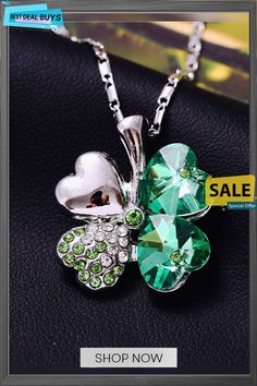 Heart Crystal Pendant Four Leaf Clovers Necklaces Green Necklaces For Valentine's Day Party, Party Heart Pendant Alloy Jewelry, Valentine's Day Silver Jeweled Necklaces, Silver Jeweled Necklaces For Valentine's Day, Valentine's Day Silver Jewel Necklace, Green Heart-shaped Jewelry For Party, Green Alloy Jewelry For Gift, Green Heart-shaped Party Jewelry, Green Heart Pendant Necklace For Mother's Day