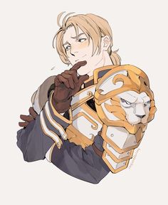 a drawing of a person wearing armor and holding a lion mask on his shoulder,