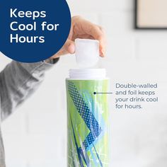 a person holding a water bottle with the words keep cool for hours