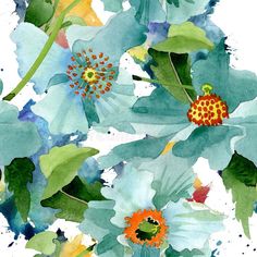 watercolor painting of blue flowers with green leaves and dots on white background royalty illustration