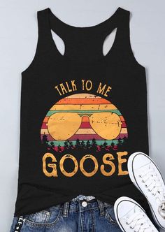 Talk To Me Goose, Women Talk, Disney Designs, Tank Top Outfits, Casual Tanks, Lace Splicing, Casual Tank Tops, Tank Top Designs, Print Tank