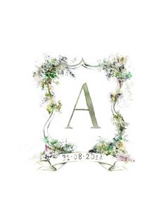 an artistic watercolor painting with the letter a in it's center and flowers around it