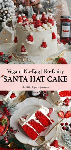 Tall pinterest pin of vegan santa hat cake.