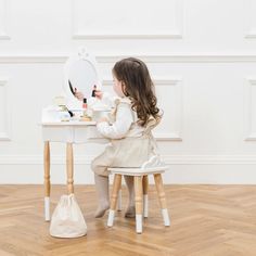 Winner of the Independent Toy Gold Award 2022 This beautiful, vintage style vanity table is sure to make childhood dreams come true! The perfect addition to your child's bedroom or playroom, this stunning dressing table is full of timeless elegance to delight little ones, for engaging play. With an impressive Victorian inspired oval mirror, 2-tiered table and 3 separate storage drawers - perfect for stowing away little treasures and trinkets. Hand crafted by highly skilled toy makers, using sust Vintage Style Vanity, Childrens Vanity, Toddler Vanity, Girls Vanity, Le Toy Van, Victorian Mirror, Toddler Playroom, Childhood Dreams, Dressing Table With Chair