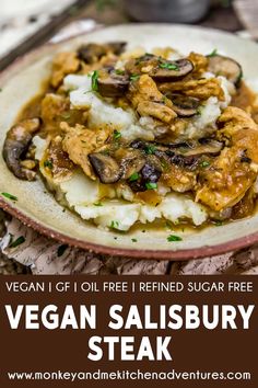 vegan salisbury steak with mushrooms and gravy on a plate