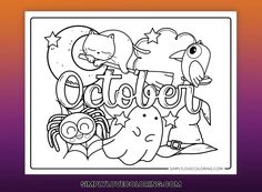 a coloring page with the words october and an image of a cat, bird, spider,