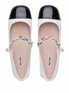 Shop Miu Miu patent leather ballerina pumps with Express Delivery - FARFETCH Ballerina Pumps, Cute Heels, White Pumps, Mary Jane Sneaker, Miu Miu, Faux Pearl, Patent Leather, Two Tone, White Black