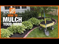 a wheelbarrow filled with dirt and mulch in front of a house that says how to mulch your yard