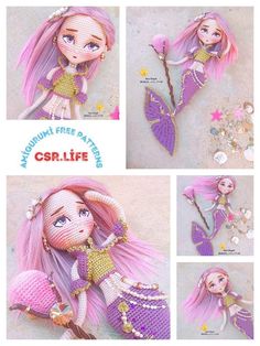 an image of a doll made out of crochet and beads with pink hair