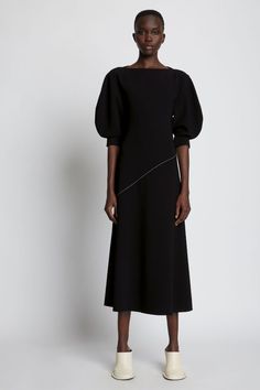 Black contrast stitching detail midi dress from PROENZA SCHOULER featuring contrast stitching, round Puff Sleeve Dress Black, Vintage White Lace Dress, Vintage Black Dress, Lace Dress Vintage, Vintage Floral Dress, Puff Sleeve Dress, Vintage Style Dresses