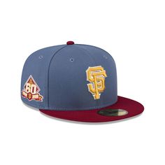 the san francisco giants new era 59fifty fitted hat is shown in blue and red