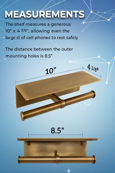 the measurements for an adjustable shelf are shown in three different sizes and colors, including brass