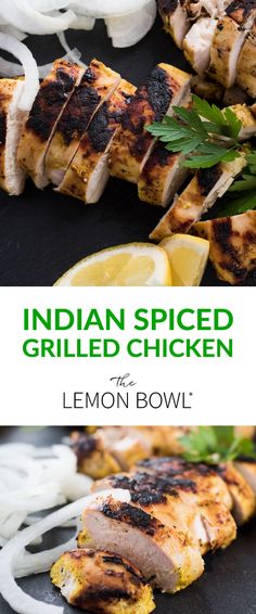 grilled chicken with lemon and onions on the side is shown in two different photos