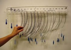 a person is pointing to a wall mounted rack with several rows of hair brushes on it