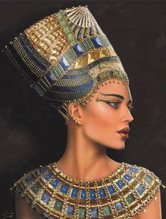 an egyptian woman wearing gold and blue jewelry, with her head tilted back to the side