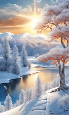 a painting of a snowy landscape with trees and water