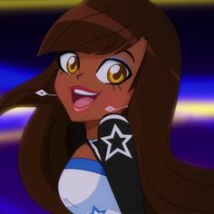 a cartoon girl with long brown hair and yellow eyes holding a cell phone to her ear