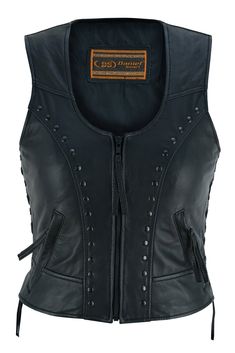 DS241 Women's Lightweight Vest with Rivets Detailing We sell lady riders Premium leather vests that are sexy and also practical, providing the durability you need on a long ride. Our women's black leather biker vest with side laces includes everything you need when you hit the road. This premium leather vest features an inside cell phone pocket and a black snap-front. With all-black construction, it has side laces for a stylish look and easy size adjustment. The western style back can showcase l French Style Outfits, Leather Vests, Women Leather Vest, Leather Biker Vest, Character Clothing, Style Bundle, Lightweight Vest, Motorcycle Vest, Biker Vest