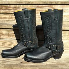 These Are A Pair Of Frye Harness Boots With A Decorative Eagle Or Butterfly Stitching. They Were Navy, But Were Polished Black, So The Color Is Unique. Size 9 M. Brass Hardware, Square Toe. Black Western Moto Boots With Goodyear Welt, Western Style Black Moto Boots With Leather Footbed, Frye Harness Boots, Harness Boots, Frye Shoes, Brass Hardware, Shoes Heels Boots, Shoes Women Heels, Black Blue